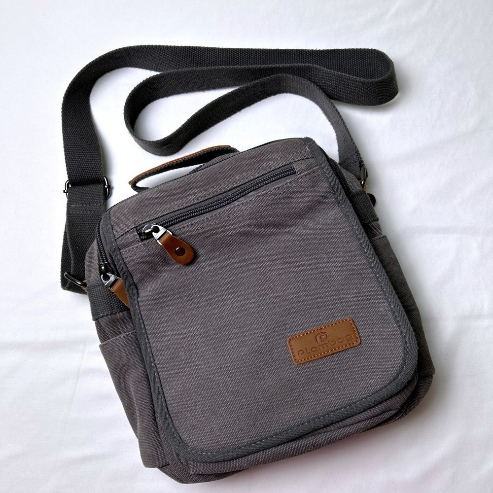 Plambag Mens Gray Canvas Multi Pocket Messenger Crossbody Bag Medium Gray